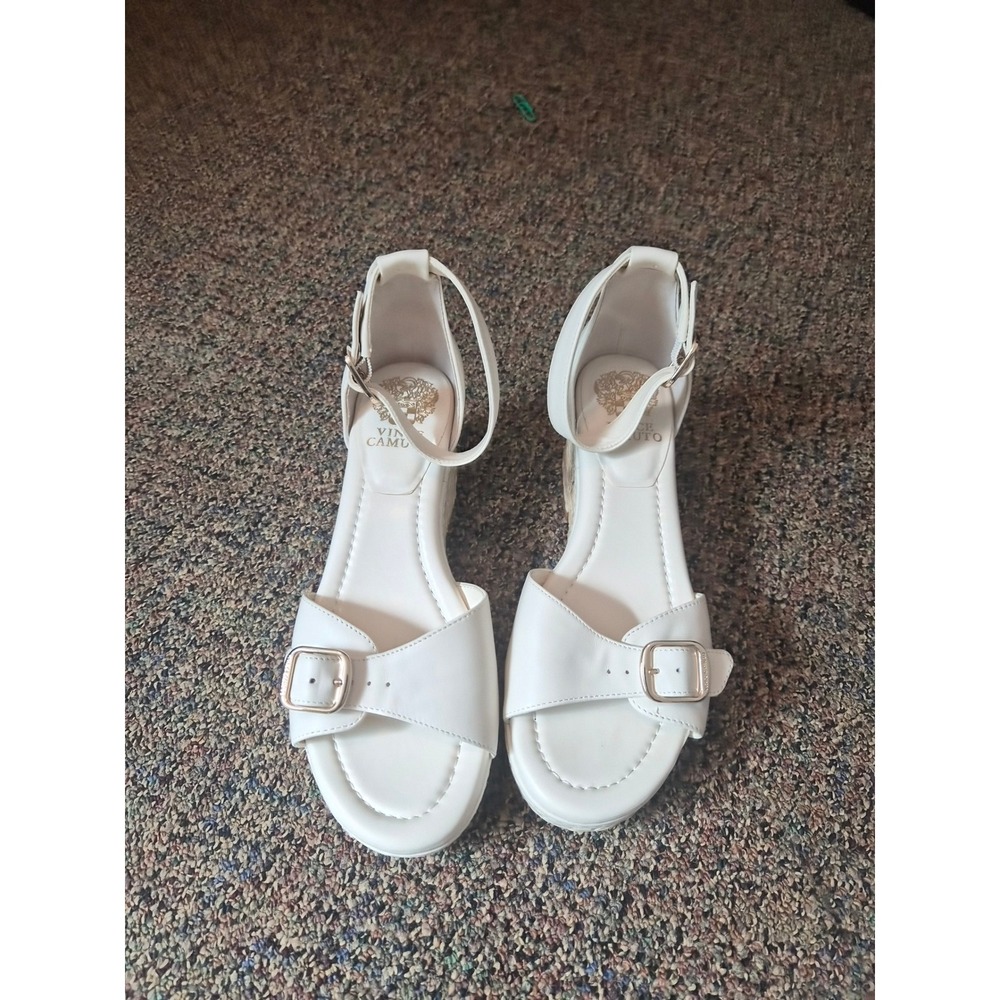 Vince Camuto Meterry White Leather Espadrille Wedge Sandals Gold Buckle 8M 39